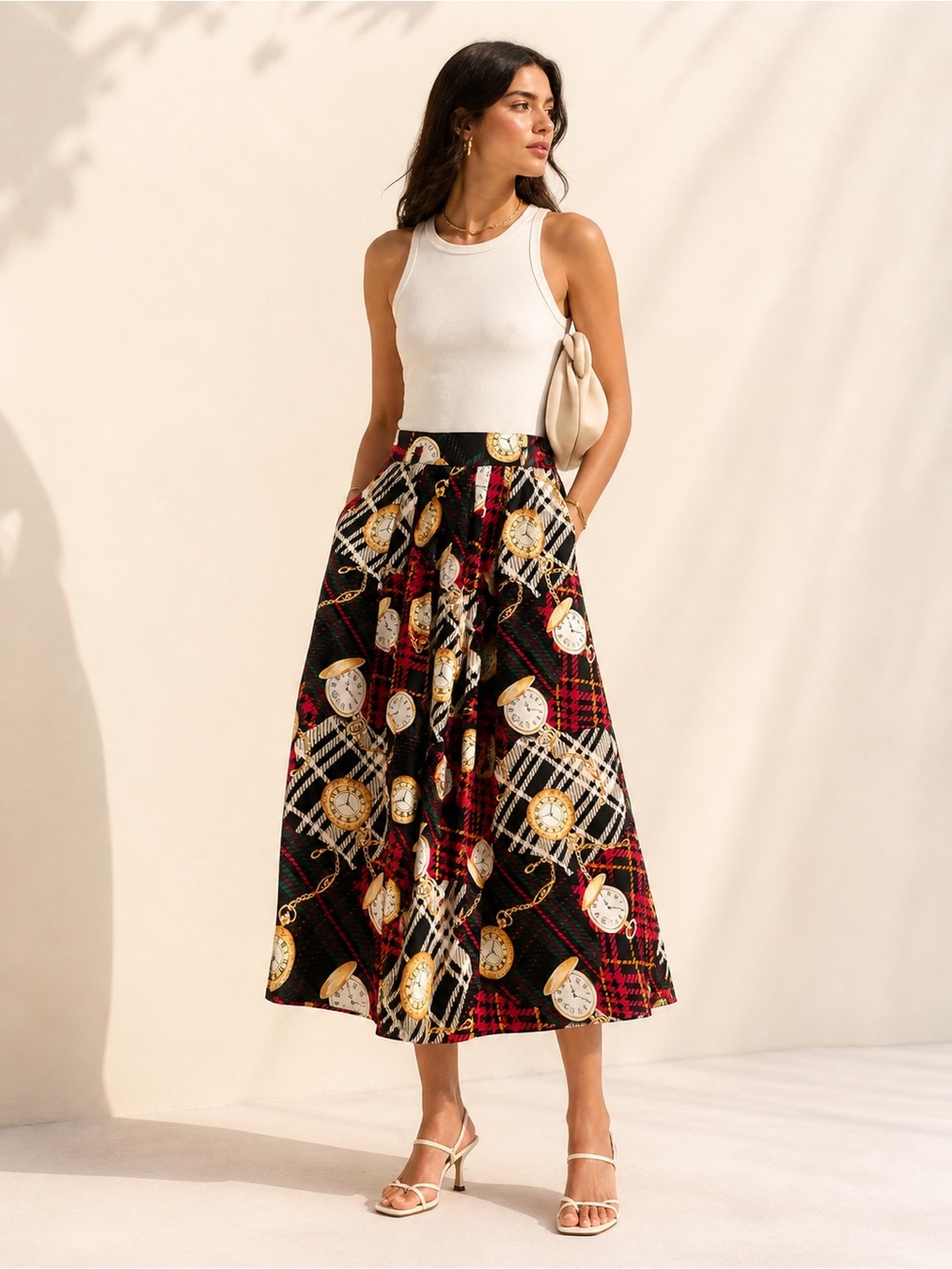 Vintage Silk Novelty Watch Plaid Midi Skirt Pockets Statement Size 6P